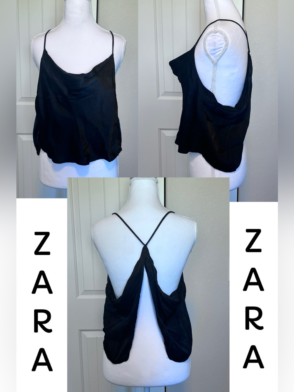 Zara Black Satin Cami with Draped Open Back Sz Large